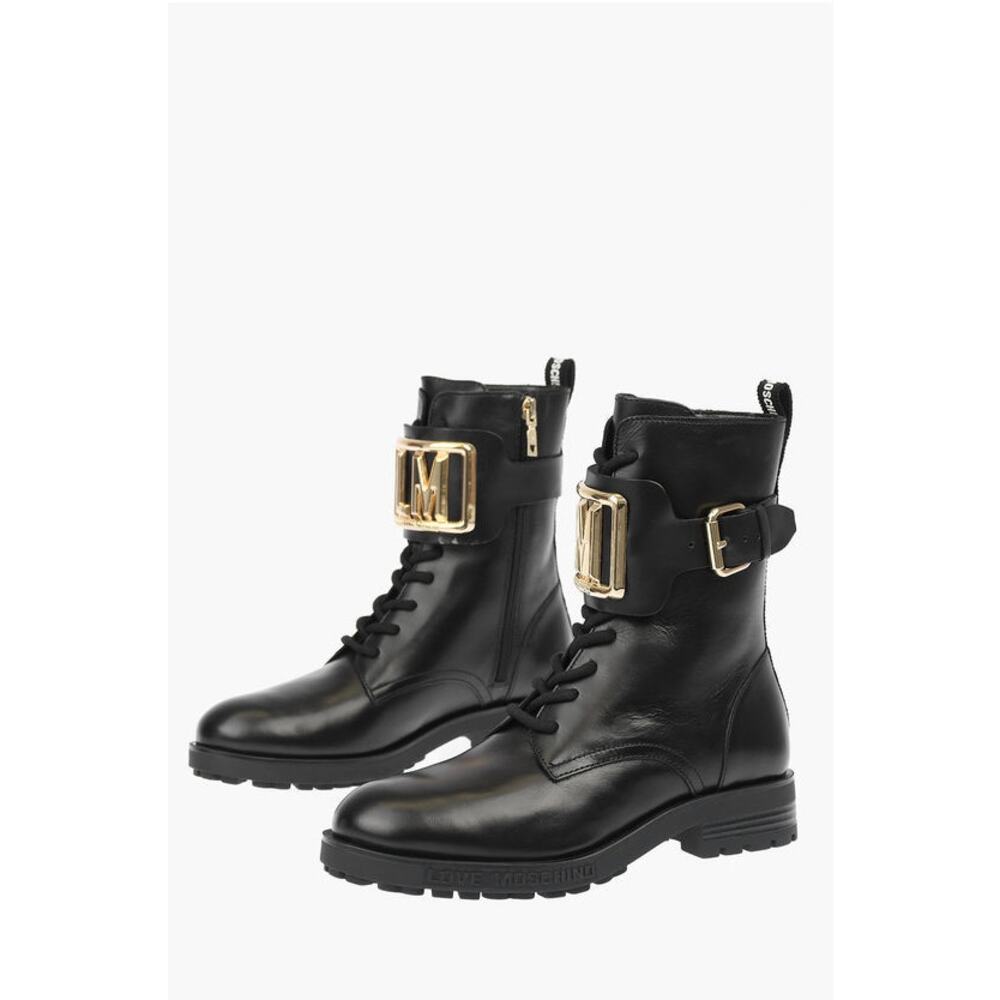 Moschino Love Leather Combat Boots with Side Zip and Golden Detail